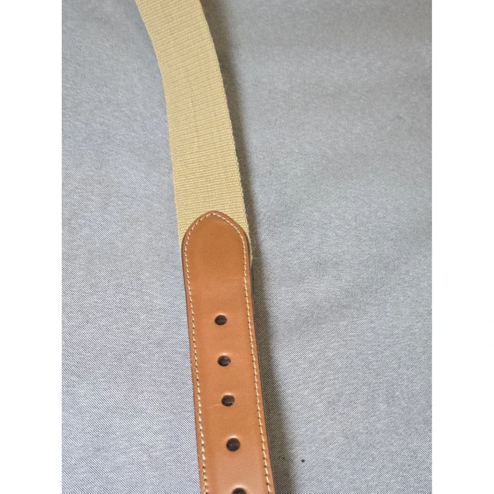 VTG Torino Belt Mens 34 Khaki Canvas Web Brown Leather Brass Buckle Casual 6832